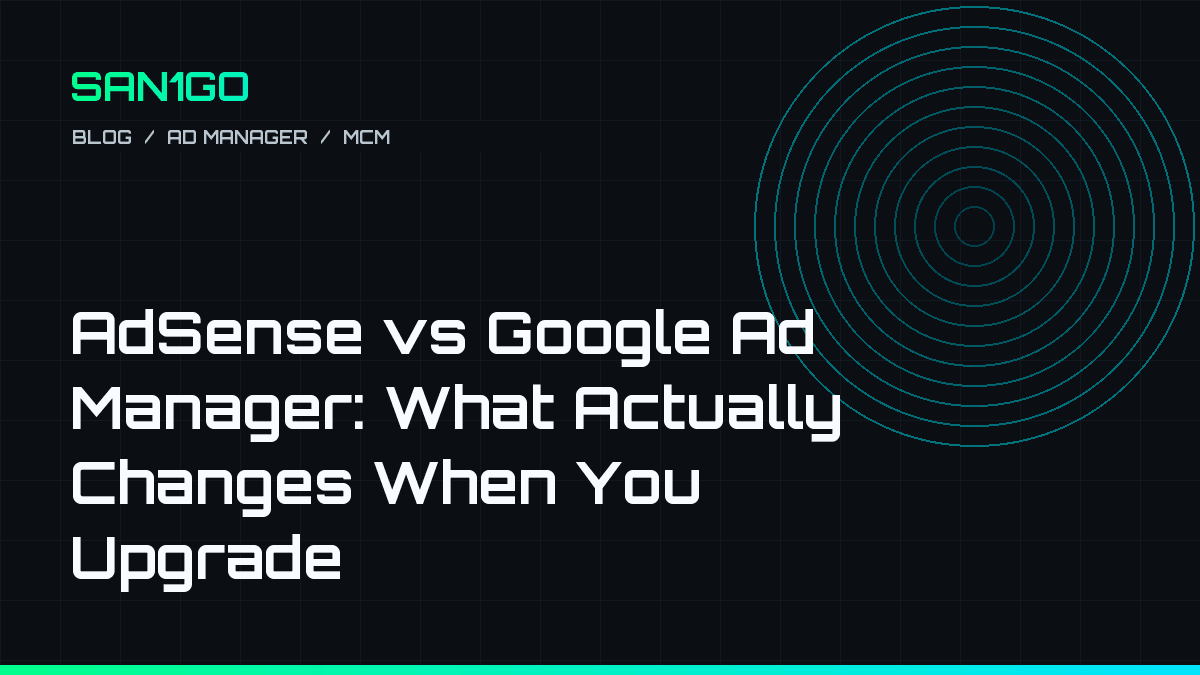 SAN1GO cover image with the title "AdSense vs Google Ad Manager: What Actually Changes When You Upgrade"